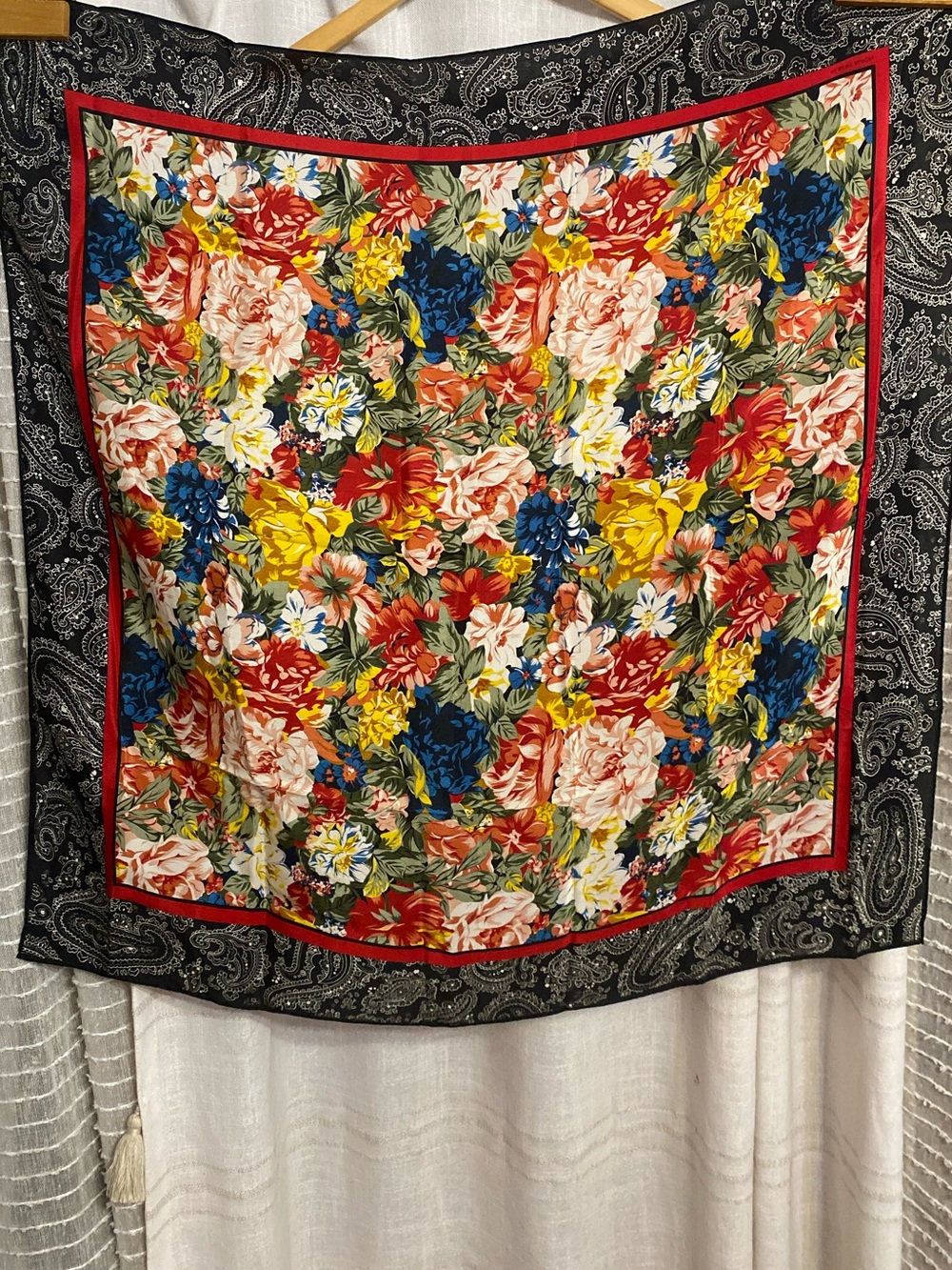 Vintage 80s Albert Nipon Floral Paisley Border Silk Square Scarf